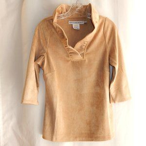 GRETCHEN SCOTT TAN FAUX SUEDE RUFFLED COLLAR TOP IN SIZE S